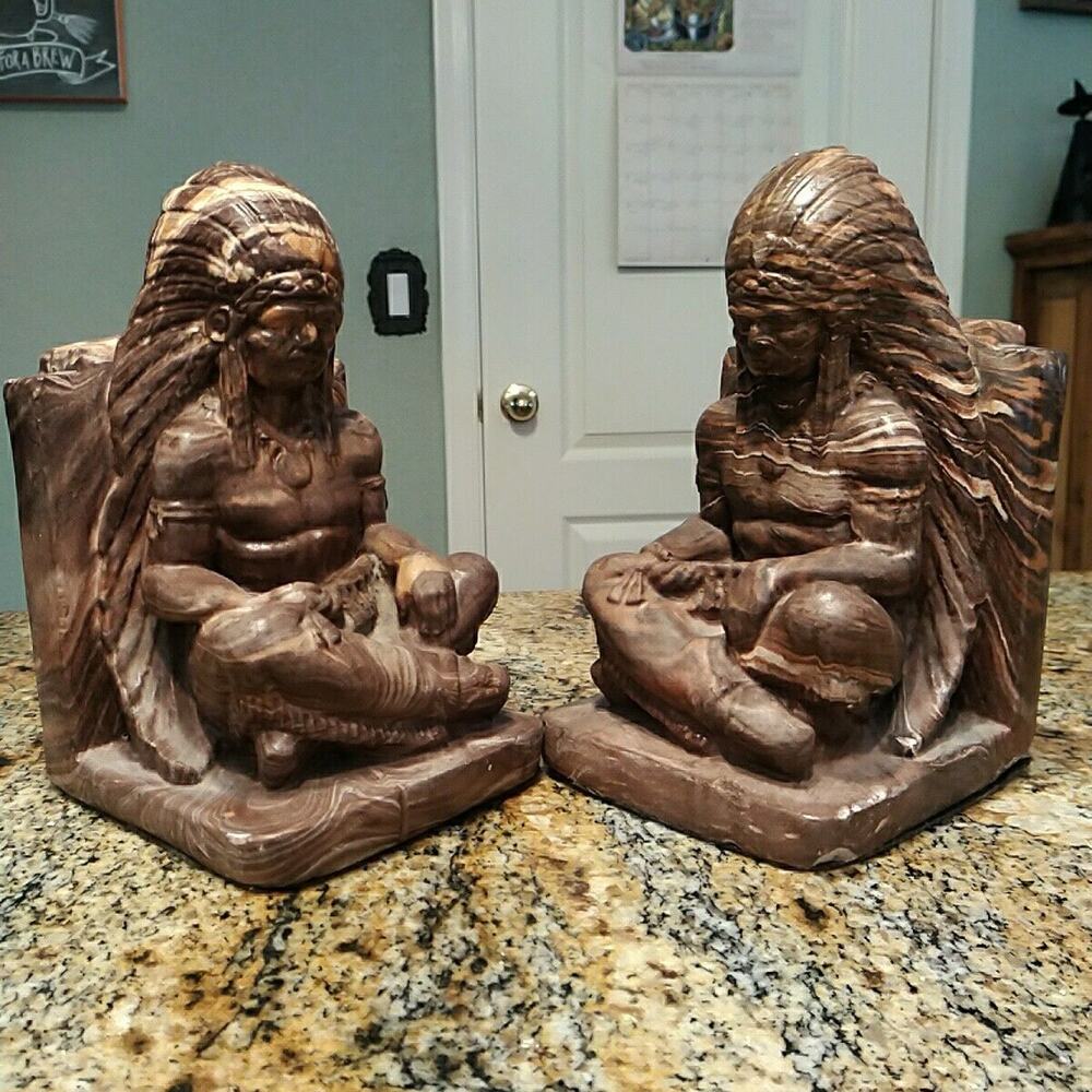Vintage Swirly Indian Chief Statue Book Ends Rests Nice Heavy Vtg